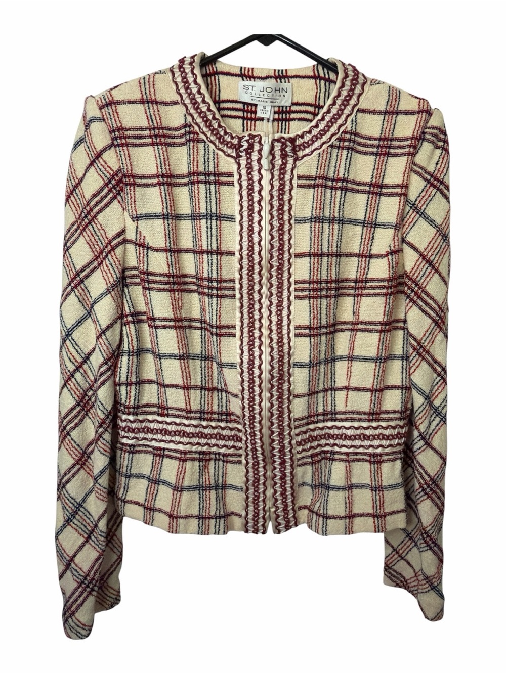 St. John Collection Cream Plaid Tweed Blazer with Maroon & Navy Trim